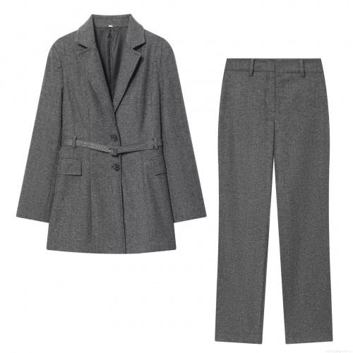 Women Dark Grey Woolen Suit Set Professional Belted Mid-length Blazer and Straight Leg Trousers Two Piece Outfits for Office Commute Lady Clothing