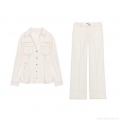 Women's Casual 2-Piece Set Contrast Stitching Long Sleeve Shirt and Flare Pants Workwear Style Off-White Polyester Cotton Blend Elegant Autumn Winter Outfit for Women