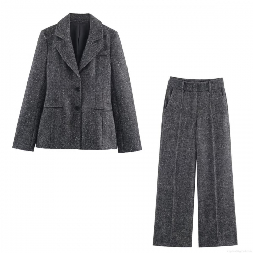 Women Herringbone Tweed Two Piece Suit Set Notched Lapel Blazer Jacket And High Waist Wide Leg Trousers Professional Office Commuter Outfits