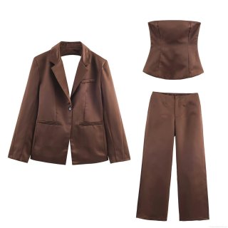 Women's 3-Piece Satin Suit Set Brown Open Back Blazer Cutout Jacket Strapless Bandeau Top High Waist Wide Leg Trousers Elegant Office Commuter Outfit