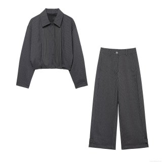 Women Fashion Pinstripe Two Piece Set Cropped Lapel Jacket And High Waist Wide Leg Pants Casual Long Sleeve Suit 100% Polyester Clothing For Autumn Winter