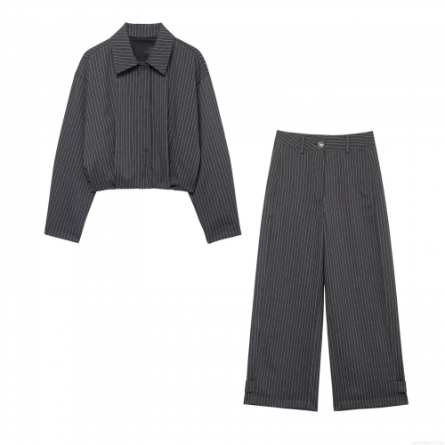 Women Fashion Pinstripe Two Piece Set Cropped Lapel Jacket And High Waist Wide Leg Pants Casual Long Sleeve Suit 100% Polyester Clothing For Autumn Winter