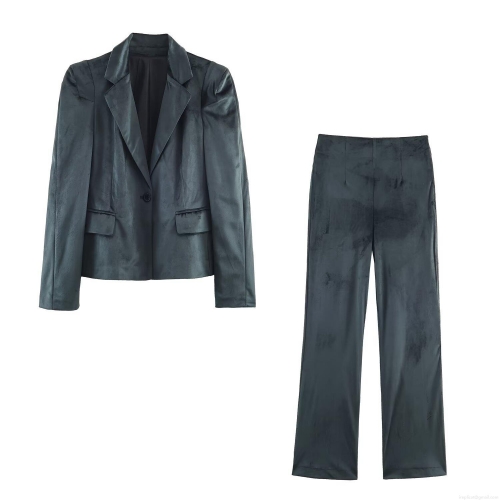Women's Velvet Suit Set Elegant Slim Fit Notched Lapel Blazer and Flare Long Pants Two Piece Office Commute Co-ords Set For Ladies
