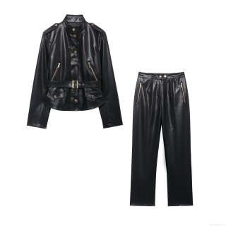 Women's Faux Leather Biker Jacket and Pants Two Piece Set with Belt Black PU Leather Zip Up Top and Flare Trousers Moto Outfit for Women
