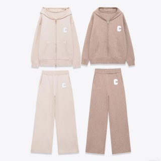 Women Casual Knit Two Piece Set Hooded Zipper Cardigan Jacket And Wide Leg Pants Polyester Spandex Soft Warm Outfits For Autumn Winter Daily Wear