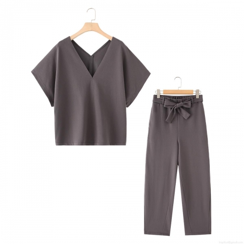 Women's Casual 100% Cotton 2 Piece Set V Neck Short Sleeve T-Shirt and High Waist Wide Leg Pants with Belt Outfits Loungewear