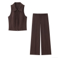 Women's Pinstripe Two Piece Set Zipper Vest Waistcoat And High Waist Wide Leg Pants Office Casual Streetwear Suit