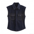 Women's Casual Denim Two Piece Set Sleeveless Button Vest Top And High Waist Wide Leg Pants Contrast Stitching Cotton Blend Indigo Blue Outfit