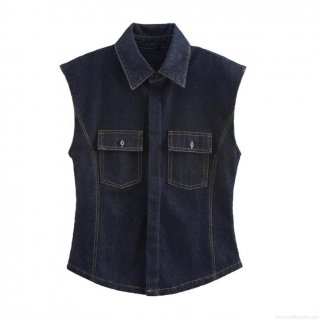 Women's Casual Denim Two Piece Set Sleeveless Button Vest Top And High Waist Wide Leg Pants Contrast Stitching Cotton Blend Indigo Blue Outfit