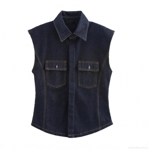 Women's Casual Denim Two Piece Set Sleeveless Button Vest Top And High Waist Wide Leg Pants Contrast Stitching Cotton Blend Indigo Blue Outfit