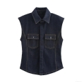 Women's Casual Denim Two Piece Set Dark Blue Sleeveless Button Down Vest Top and High Waist Wide Leg Long Pants Streetwear Outfits for Summer Vacation Resort Wear