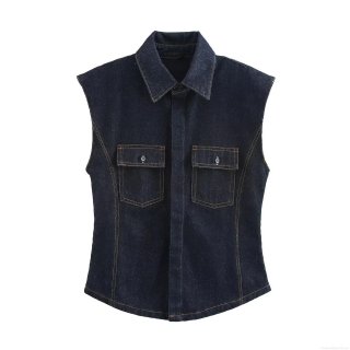 Women's Casual Denim Two Piece Set Dark Blue Sleeveless Button Down Vest Top and High Waist Wide Leg Long Pants Streetwear Outfits for Summer Vacation Resort Wear