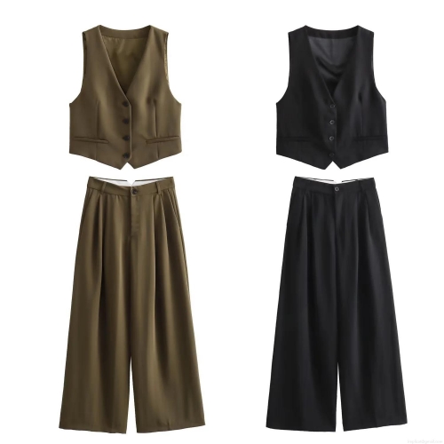 Women's Business Casual Polyester Suit Vest Waistcoat and High Waist Wide Leg Trousers Pants Two-Piece Component Set Office Street Style Elegant Outfit