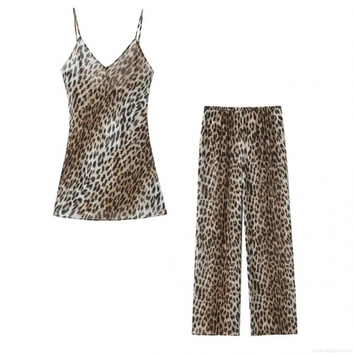 Women's Sexy Leopard Print Camisole Top and High Waist Wide Leg Pants Set Polyester Summer Casual Streetwear Outfit For Women