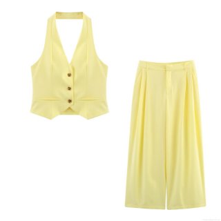 Women's Halter Neck Sleeveless Vest Top And High Waist Wide Leg Pants Two Piece Set Solid Color Polyester Suit For Summer Office Vacation Daily
