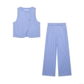 Women's Two Piece Set Vertical Striped Woven Polyester Vest Top and Wide Leg Straight Pants Casual Western Style Sleeveless Outfits Blue White