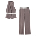 Women Business Casual Striped Vest And Wide Leg Pants Two Piece Set Sleeveless V Neck Suit Waistcoat High Waist Trousers With White Belt Elegant Office Lady Street Style Outfit