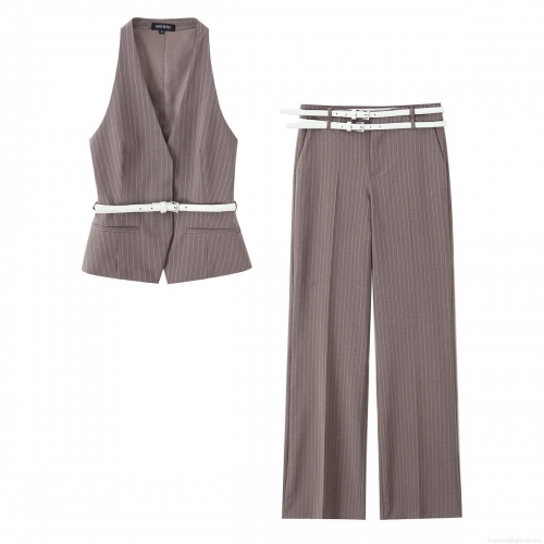 Women Business Casual Striped Vest And Wide Leg Pants Two Piece Set Sleeveless V Neck Suit Waistcoat High Waist Trousers With White Belt Elegant Office Lady Street Style Outfit