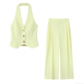 Women's 2 Piece Set Halter Neck Backless Vest Top And High Waist Wide Leg Trousers Pale Yellow Woven Polyester Sleeveless Outfits Street Style Casual Formal Wear