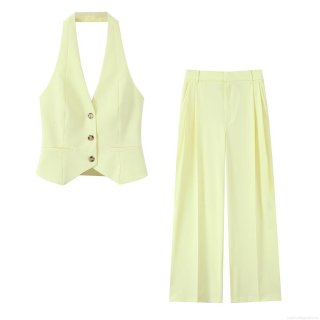 Women's 2 Piece Set Halter Neck Backless Vest Top And High Waist Wide Leg Trousers Pale Yellow Woven Polyester Sleeveless Outfits Street Style Casual Formal Wear