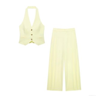 Women's Elegant Two Piece Set Halter Neck V Neck Vest Top And Wide Leg Long Pants Solid Color Polyester Blend Fashion Casual Suit For Streetwear Office Women