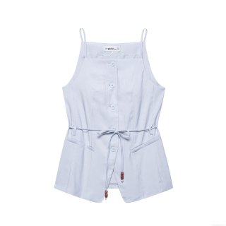 Women's Solid Light Blue 2-Piece Set Beaded Drawstring Belt Camisole Top And High Waist Wide Leg Straight Pants Casual Western Style Sleeveless Outfit