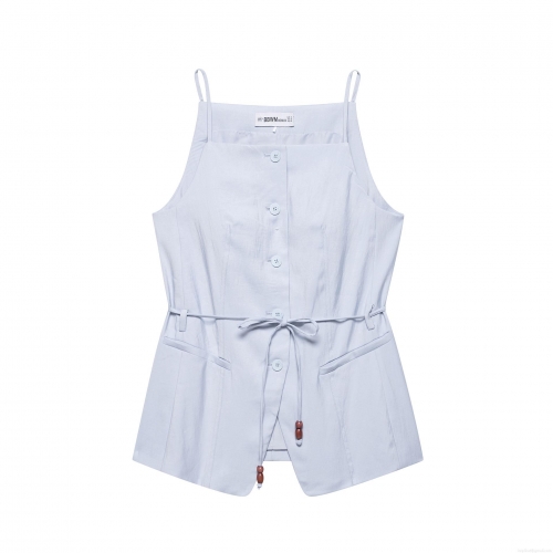 Women's Solid Light Blue 2-Piece Set Beaded Drawstring Belt Camisole Top And High Waist Wide Leg Straight Pants Casual Western Style Sleeveless Outfit