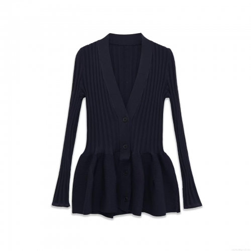 Women's 2 Piece Knit Set V Neck Peplum Top And Flared Pants Ribbed Knit Solid Color Slim Fit Long Sleeve Cardigan And Trousers Tracksuit For Ladies