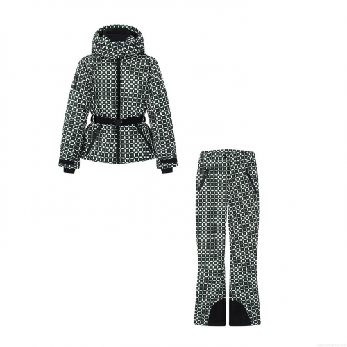 Women's Winter Geometric Plaid Ski Suit Set Polyester Windproof Hooded Padded Jacket And Matching Outdoor Sports Snow Pants With Belt