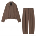 Women's Fashion Casual 2-Piece Set Solid Color Long Sleeve Lapel Jacket and High Waist Trousers Streetwear Woven Polyester Outfits Suit