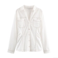 Women's Casual White Denim Long Sleeve Shirt And Flare Pants Set With Contrast Stitching Detail Two Piece Slim Fit Streetwear Outfits For Women