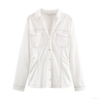 Women's Casual White Denim Long Sleeve Shirt And Flare Pants Set With Contrast Stitching Detail Two Piece Slim Fit Streetwear Outfits For Women