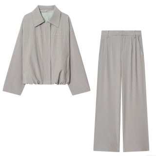 Women Pinstripe Casual Jacket And High Waist Wide Leg Pants Two Piece Set Polyester Long Sleeve Zipper Top And Loose Trousers Outfits For Ladies Streetwear