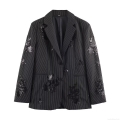 Elegant Women Striped Sequin Blazer Pants Two Piece Set Casual Long Sleeve Suit Jacket Wide Leg Trousers Floral Embroidery Stage Party Streetwear Outfit