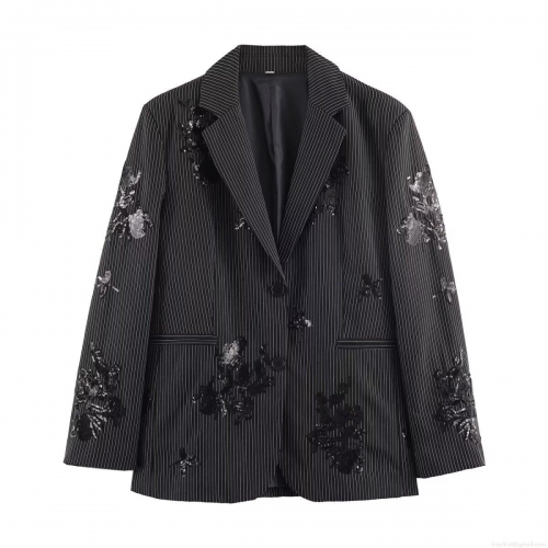 Elegant Women Striped Sequin Blazer Pants Two Piece Set Casual Long Sleeve Suit Jacket Wide Leg Trousers Floral Embroidery Stage Party Streetwear Outfit