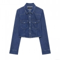 Women's Denim 2 Piece Outfits Deep Blue Cropped Jeans Shirt Jacket And High Waisted Wide Leg Pants Suit Casual Streetwear Set For Ladies