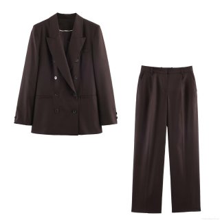 Women's Double Breasted Blazer and Straight Leg Pants Set Two Piece Professional Suit with Shoulder Pads Dark Brown Solid Color Fashion Streetwear Commuter Trousers Suit