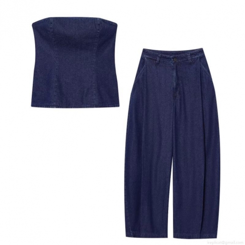 Women's Denim Two Piece Set Strapless Tube Top And High Waist Wide Leg Long Pants Streetwear Casual Washed Navy Blue Fashion Outfit For Women