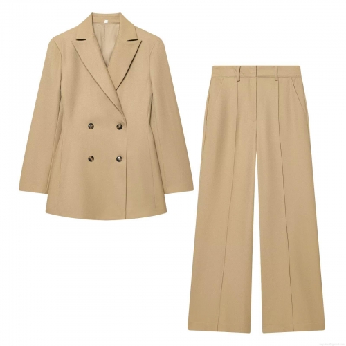 Women's Double Breasted Blazer and High Waist Wide Leg Pants Set Polyester Casual Office Streetwear Two Piece Suit Outfit For Lady
