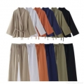 Women's Casual Kimono Tie Wrap Top And Wide Leg Pants Set 100% Polyester Linen Texture Breathable Two Piece Lounge Outfit For Vacation Summer Daily Wear
