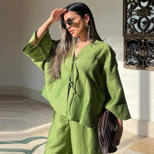 Women Casual Two-Piece Sets Linen Texture Flare Sleeve Tie-Up V-Neck Top And High Waist Wide Leg Pants Vacation Outfits Lady Summer Suit