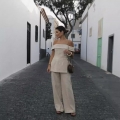 Women's Two Piece Set Polyester Off Shoulder Bardot Top And High Waisted Wide Leg Pants Casual Summer Vacation Elegant Solid Apricot Outfit