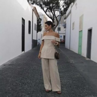 Women's Two Piece Set Polyester Off Shoulder Bardot Top And High Waisted Wide Leg Pants Casual Summer Vacation Elegant Solid Apricot Outfit