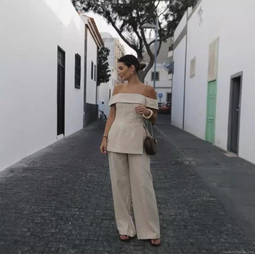 Women's Two Piece Set Polyester Off Shoulder Bardot Top And High Waisted Wide Leg Pants Casual Summer Vacation Elegant Solid Apricot Outfit