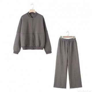 Women's 2 Piece Casual Fleece Lined Tracksuit Set Zipper Bomber Jacket Hoodie And High Waist Wide Leg Sweatpants Loungewear Outfit
