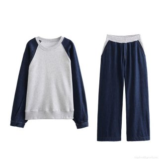 Women's Fashion Denim Patchwork Sweatshirt And Wide Leg Pants Set Casual Long Sleeve Contrast Color Knitting Top And Trousers Two Piece Outfits For Spring Autumn