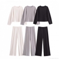 Women's Casual Two Piece Lounge Set Polyester Satin Long Sleeve Crewneck Top and High Waist Wide Leg Pants Solid Color Streetwear Tracksuit Outfits
