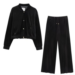Women's Velvet Bomber Jacket And Wide Leg Pants Set Solid Color Gold Buttons Casual Two Piece Outfits For Streetwear Party