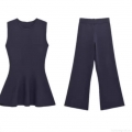 Elegant Knit Two Piece Set Sleeveless Peplum Top and Wide Leg Pants Solid Color Polyester Casual Outfits For Women Party Clubwear