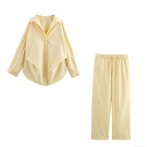 Women's Casual Two Piece Set Yellow Vertical Striped Long Sleeve Button Down Shirt And High Waist Wide Leg Pants Loose Poplin Streetwear Outfits For Women